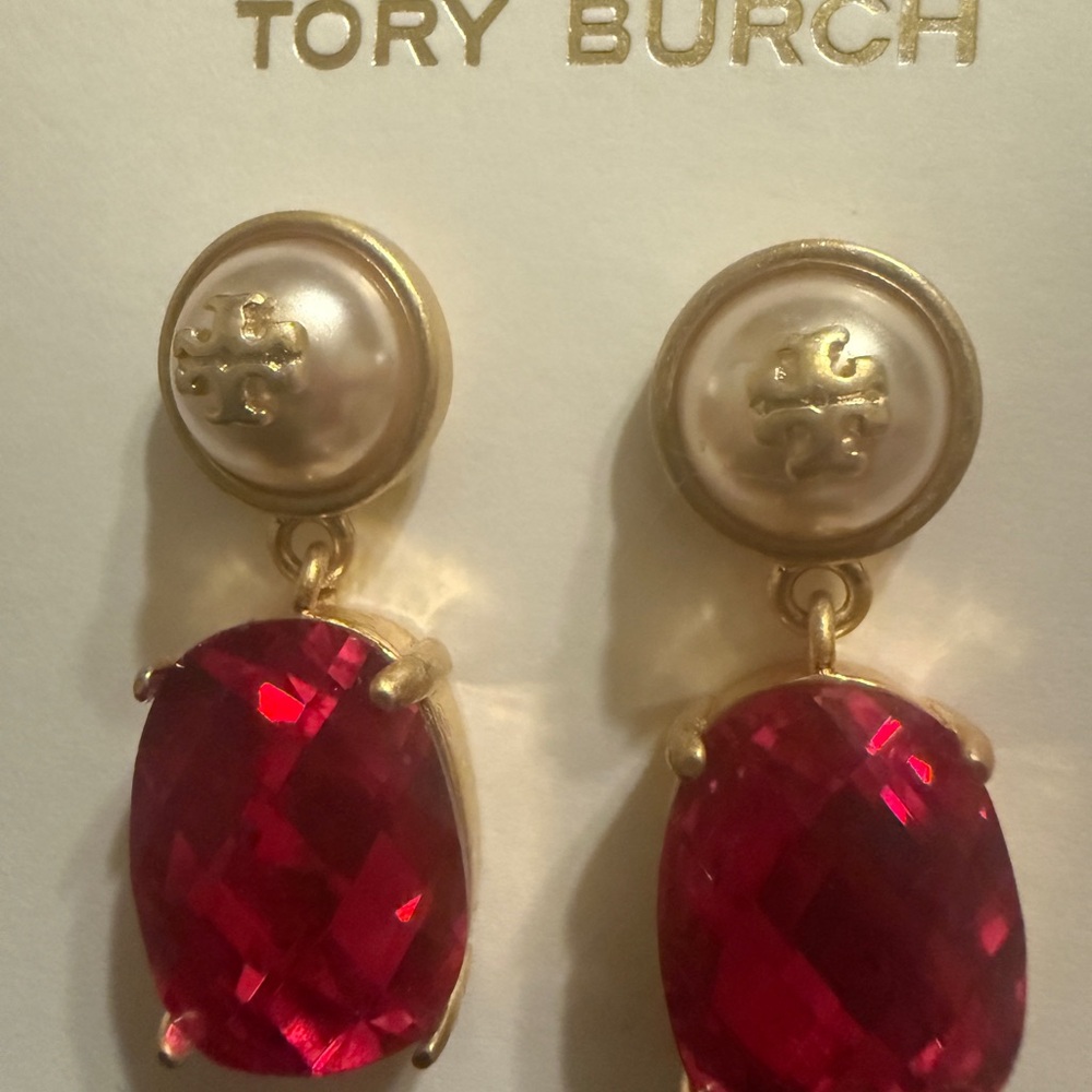Tory Burch Pearl and Ruby Red Earrings